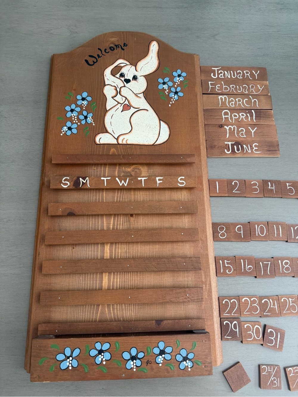 Vintage Hand-Painted Welcome Bunny Wooden Perpetual Calendar Brown Blue Flowers